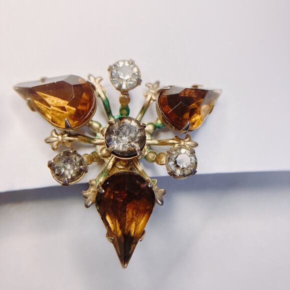 Vintage Amber Rhinestone Clip-On Earrings, Mid Century, Prong Set Teardrop Glass - Picture 5 of 10